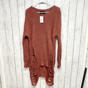 Active USA Sweater Large Dusty Rose Pink Cable Knit Distressed Pullover Bohemian